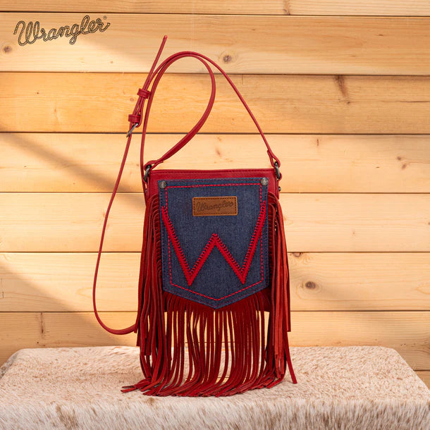 Wrangler Leather Fringe Jean Denim Pocket Crossbody - Red
