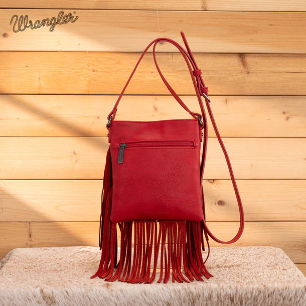 Wrangler Leather Fringe Jean Denim Pocket Crossbody - Red