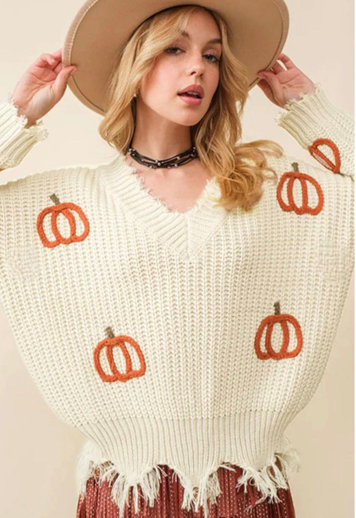Pumpkin Patch Frayed Sweater
