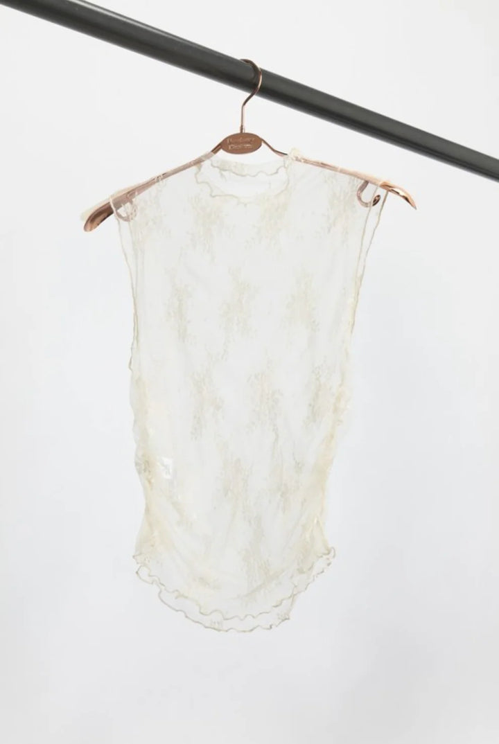 Cream Floral Sleeveless Mesh Top
