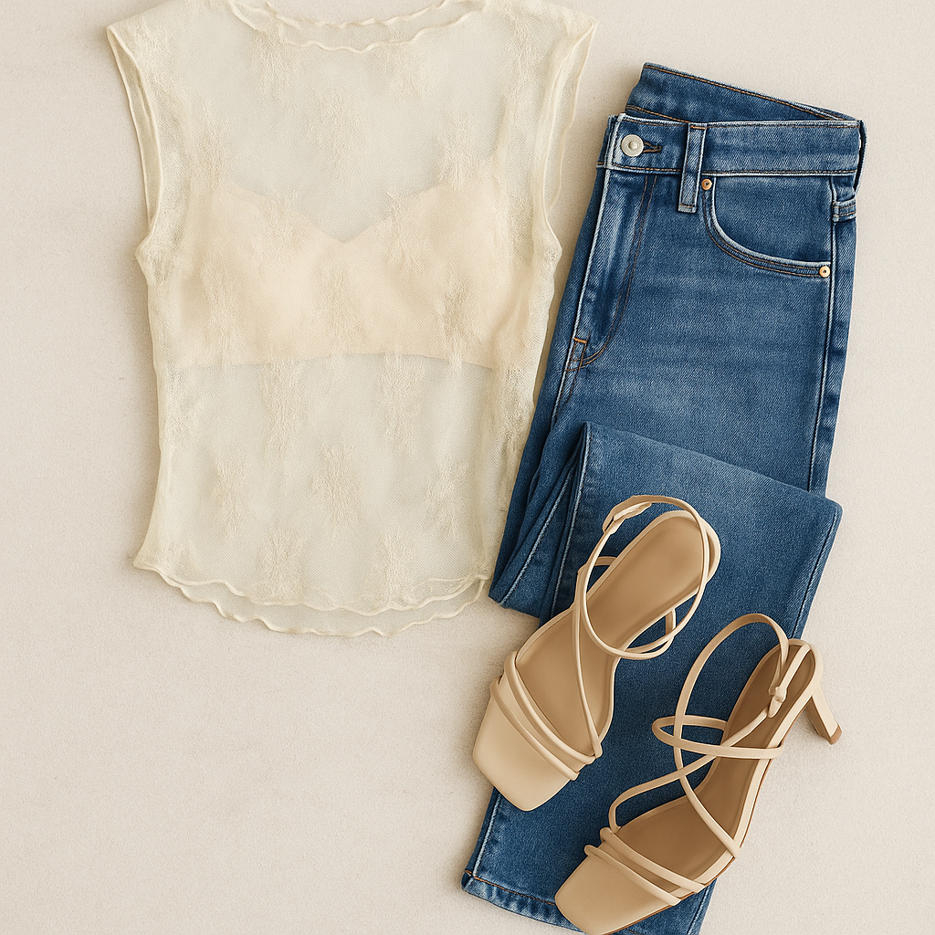 Cream Floral Sleeveless Mesh Top