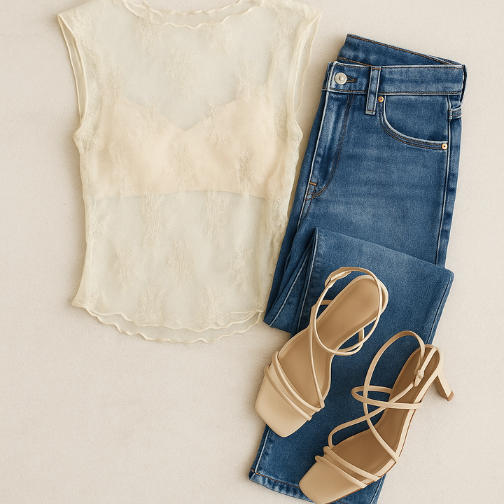 Cream Floral Sleeveless Mesh Top