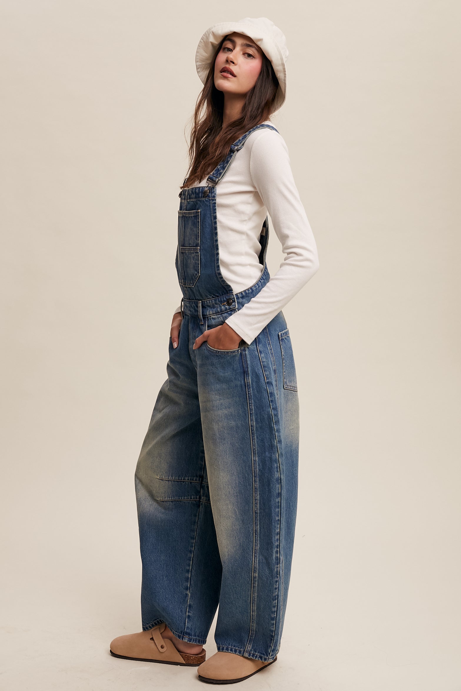 Light Denim Barrel Overalls
