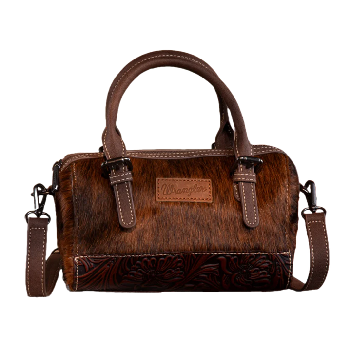 Wrangler Ladies Genuine Hair-On Coffee Cowhide Barrel Bag