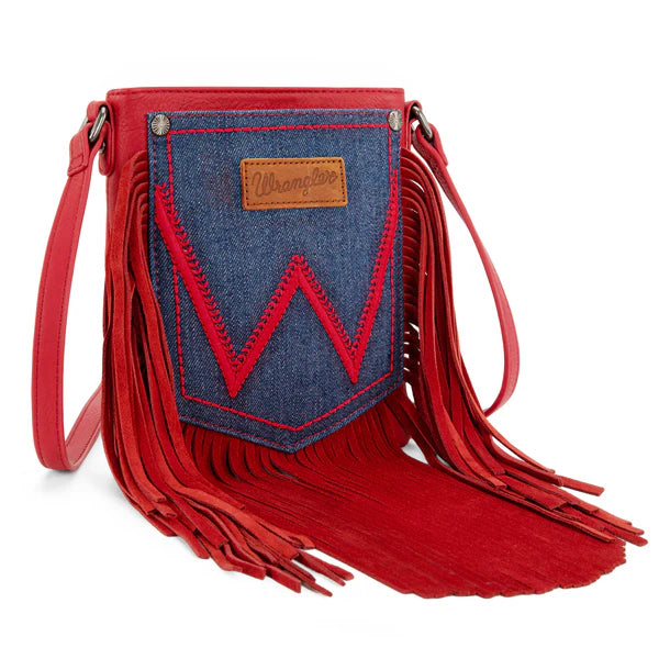 Wrangler Leather Fringe Jean Denim Pocket Crossbody - Red